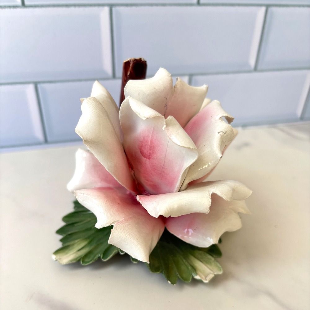 Vintage Capodimonte Porcelain Rose Figurine Pink White Flower Made in Italy